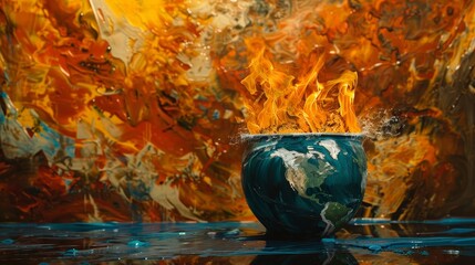 Artistic take on global warming, Earth in a pot, evoking thought with contrasting colors and dynamic flames