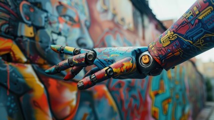 Robotic Hand Reaching Toward Graffiti s Hand in Vibrant Street Art
