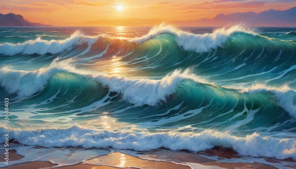 Poster golden sunset light reflects off towering ocean waves, creating a dynamic and powerful scene with a 