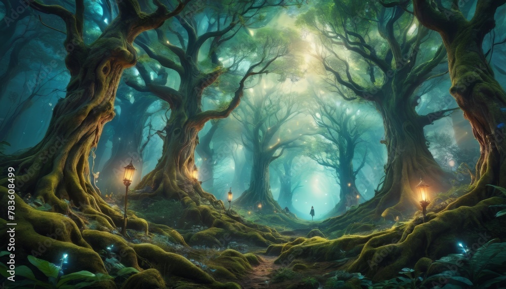Poster an ethereal forest scene with twisted ancient trees and glowing lanterns lining a mossy path, invoki