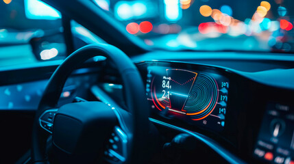 Futuristic electric car interior - steering wheel, dashboard and touch screen.