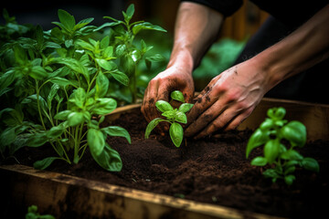 Naklejka na ściany i meble A pair of hands planting herbs in a kitchen garden