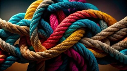 Closeup of colorful ropes intertwined in a knot - obrazy, fototapety, plakaty