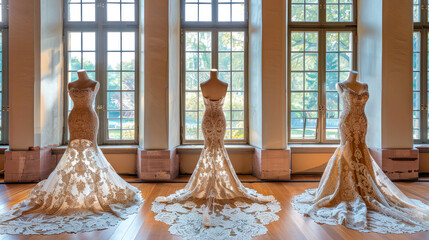 Mannequins dressed in lace gowns, displayed in front of large windows illuminated by natural sunlight.