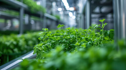 a modern biotech food facility, highlighting eco-friendly and cutting-edge technologies that symbolize the future of sustainable food production