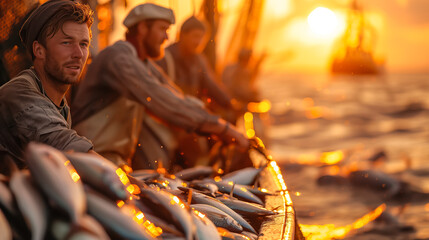 A group of fishermen is on a big boat in the sea. They are taking fish out of the nets, pulling them up one by one. Hardworking fishermen are hauling in their catch form the nets Generative AI. - obrazy, fototapety, plakaty