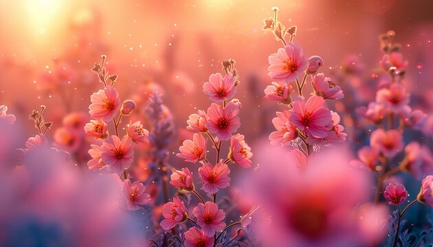beautiful colorful meadow of wild flowers floral background, landscape with purple pink flowers with sunset and blurred background. Soft pastel Magical nature 