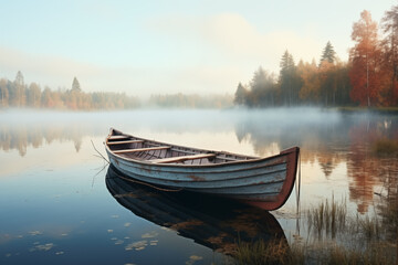 A rustic wooden rowboat on a calm lake