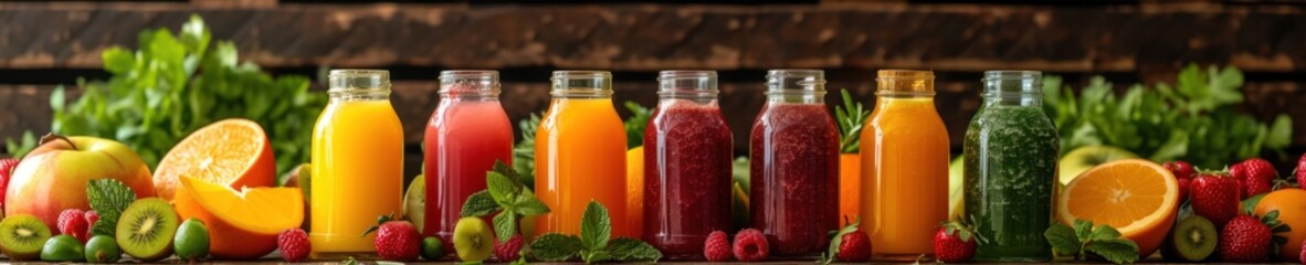 An assortment of fresh fruit juices in glass bottles.