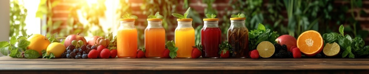 An assortment of fresh fruit juices in glass bottles on a wooden table against a blurred background of greenery.
