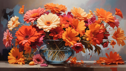 Captivating floral scene featuring a cluster of vibrant gerbera daisies, their cheerful faces brought to life in oil's bold strokes.