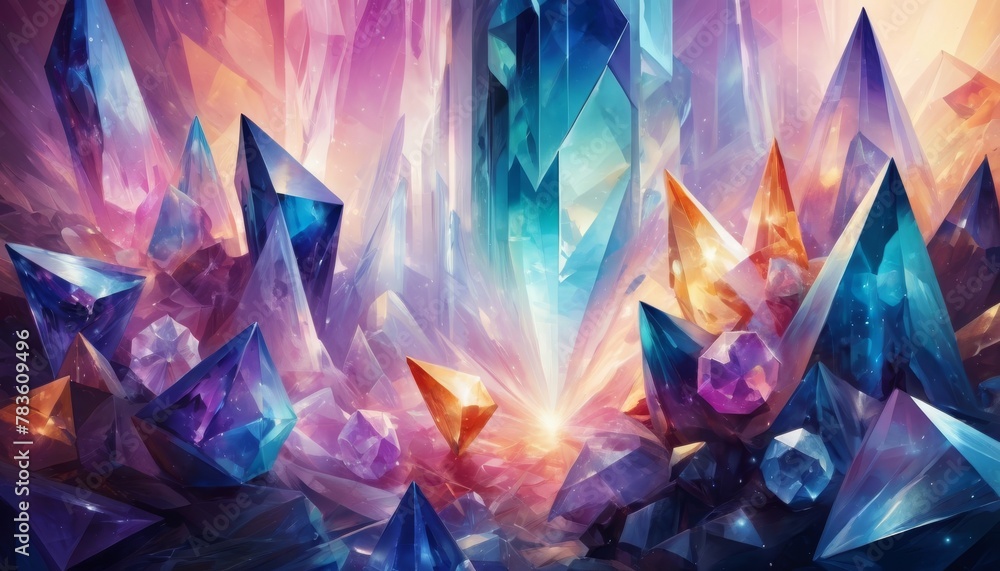 Poster a digitally created abstract of vibrant crystal formations radiating from a luminous center, with a 