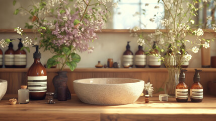 Fototapeta na wymiar Bathroom vanity with flowers and plants