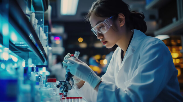 Asian scientist wearing goggles and gloves works in a lab