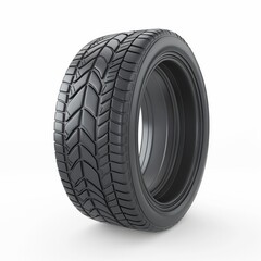 Single black car tire with detailed tread design isolated on a white background, symbolizing mobility and automotive technology.
