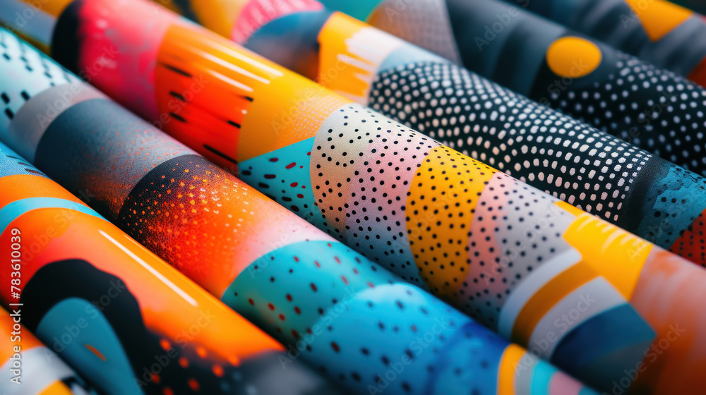 Poster A vibrant array of patterned fabrics showcasing colorful geometric designs and textures, creating an eye-catching visual display.
