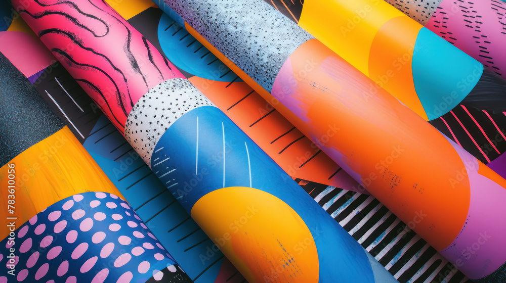 Poster a vibrant assortment of paper rolls featuring bold geometric patterns and bright colors, showcasing 