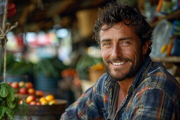 Obraz premium A jovial man in a denim shirt smiles in front of a colorful fruit stand, exuding a friendly market vibe