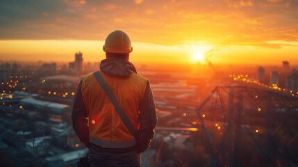 Construction worker watching the sunset over the city