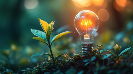 Light bulb and plant growing together in nature, representing the concept of sustainable energy and green technology. - obrazy, fototapety, plakaty