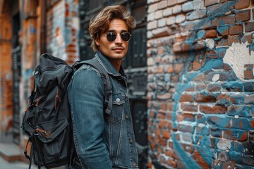 Attractive male model with sunglasses and backpack standing in front of a graffiti wall