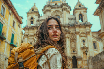 Fototapeta premium A young tourist with a backpack visits Italy and its artistic and architectural beauties