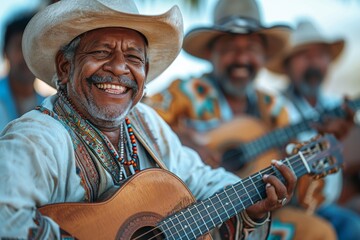 Traditional mariachi band performing with guitars and wearing colorful outfits and sombreros - obrazy, fototapety, plakaty