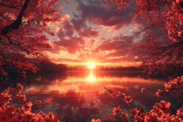 An enchanting view of the sun setting over a serene lake, encapsulated by fiery red autumn leaves on trees