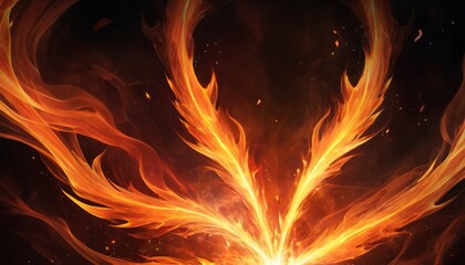 Fototapeta premium A powerful abstraction of phoenix wings unfurling with intense orange flames against a dark background, conveying energy and transformation. AI Generation