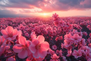 Wide view of a vast field of pink flowers reaching towards a dramatic sunset sky
