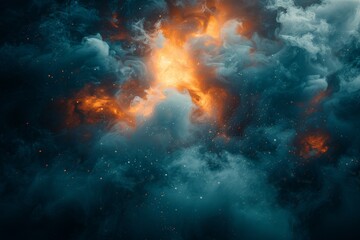 An intense contrast of icy blues and fiery reds creates an abstract background with engulfing smoke effect