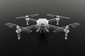 Foto op Plexiglas Transparent wireframe of a drone hovering on a dark background, representing innovative technology. © cherezoff
