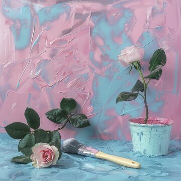 Pink and blue roses with paint.