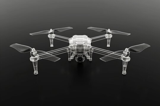 Transparent wireframe of a drone hovering on a dark background, representing innovative technology.