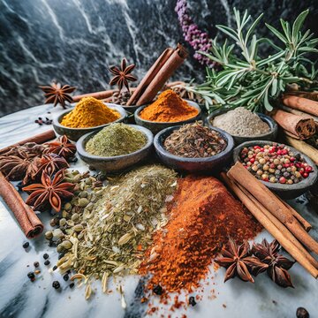 spices and herbs.a close-up of a vibrant assortment of spices and herbs delicately arranged on a sleek marble countertop. The bold colors and fragrant aromas of the spices captivate the senses, while 