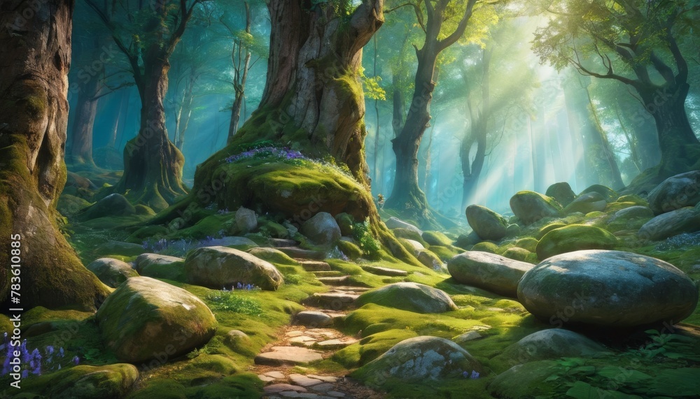 Poster a mystical forest with sunlight piercing through the foliage, highlighting a stone path and lush gre