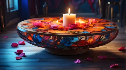 An artistic interpretation of a wooden round table with a burning candle and fresh flowers in a glass vase, presented in a surrealistic art style. The scene blends elements of fantasy and reality, wit