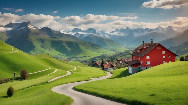  A high-resolution landscape depicting an award-winning scene of a red house nestled among green grassy hills with a winding road, all captured in the style of Adobe Stock in Switzerland. The shot sho