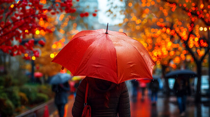 Girl with backpack holding bright umbrella, walking under the rain along the street of the city. Autumn rainy day. The view from the back.