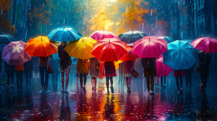 Many people holding bright umbrella, walking under the rain along the crowded street of the city. Autumn rainy day. The view from the back.