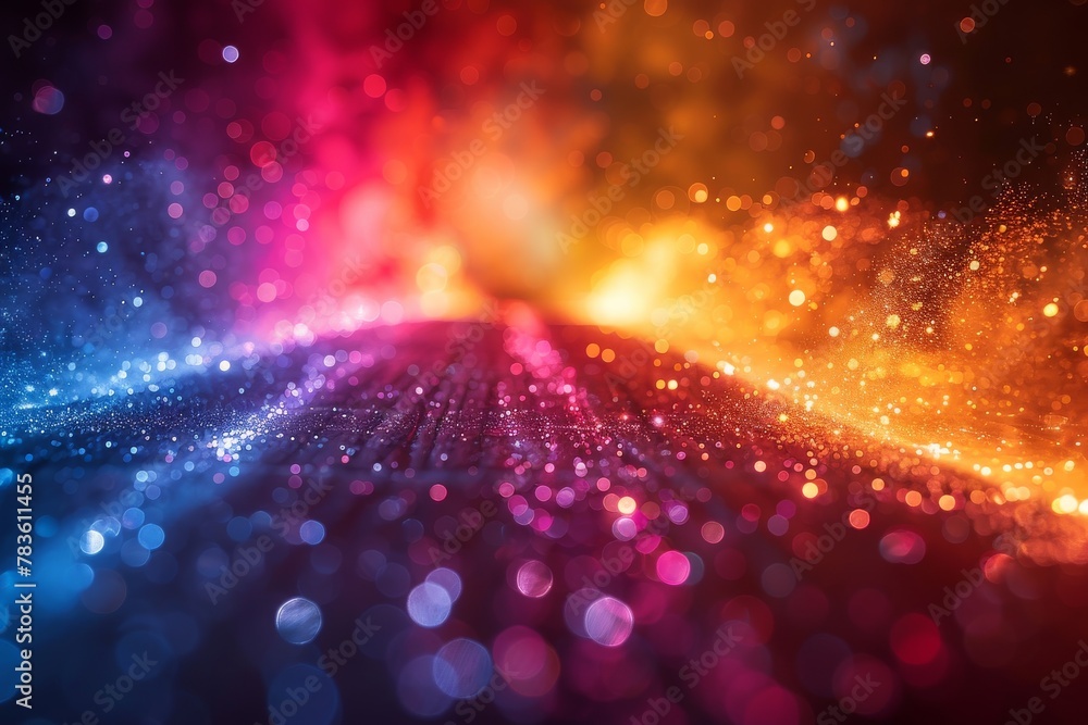 Poster an explosion of sparkling and shimmering particle waves in a multitude of rainbow colors against a d