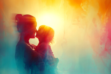 Silhouette of happy mother holding child with lens flare in nature - obrazy, fototapety, plakaty