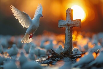 As the sun sets, a single dove descends near a stone cross surrounded by feathers, symbolizing hope and faith