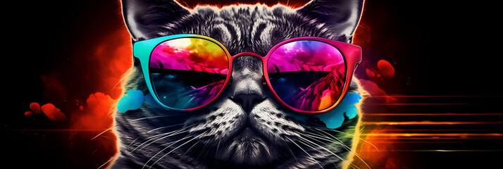  a Cat Wearing Sunglasses Looks Cool. stylish cat with glasses On a Colorful Background  - obrazy, fototapety, plakaty