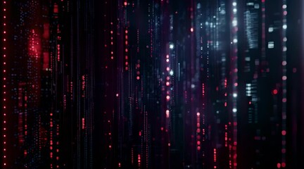 Pixelated data stream on digital interface. Binary code and encryption concept with glowing red and blue dots