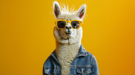 A fashionable alpaca with a denim jacket and sunglasses, exuding charm and charisma against a sunny yellow background. , full depth of field in focus, - obrazy, fototapety, plakaty