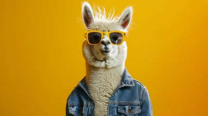 Foto op Plexiglas A fashionable alpaca with a denim jacket and sunglasses, exuding charm and charisma against a sunny yellow background. , full depth of field in focus, © LensCrafted