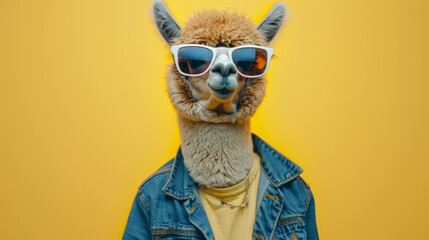 A fashionable alpaca with a denim jacket and sunglasses, exuding charm and charisma against a sunny...