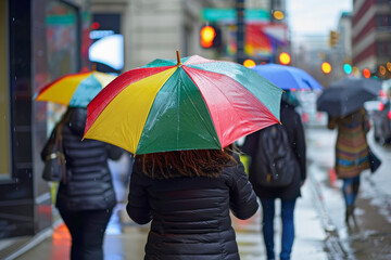 Vibrant Daily Scenes: Colorful Umbrellas and People Walking on a City Sidewalk During a Rainy Day