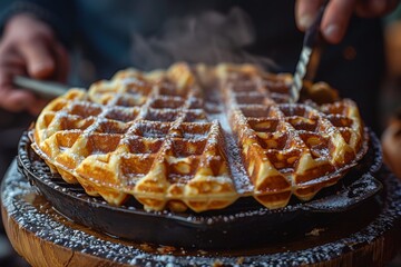 Close-up image capturing steamy waffles being cut, topped with syrup and powdered sugar, perfect for breakfast and dessert menus